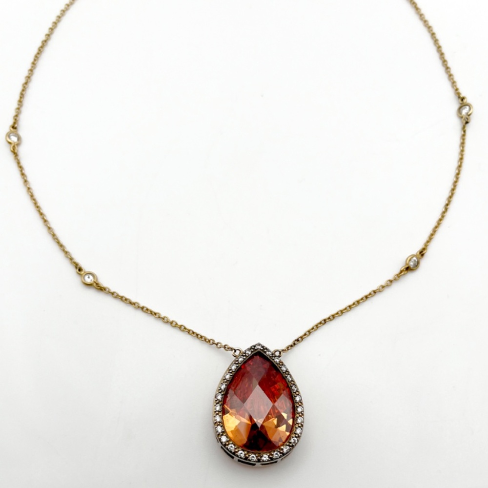 Belargo Bezel-Set Pear Auburn-colored Crystal Pendant with Gold-toned Chain